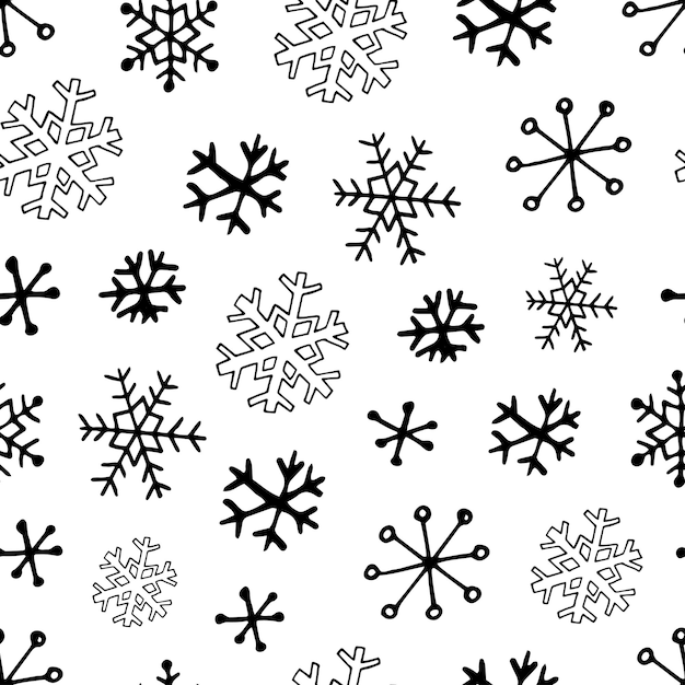 Vector seamless pattern from snowflakes. Hand-drawn illustrations in line art and doodle style. Creation of design for New Year, winter, Christmas