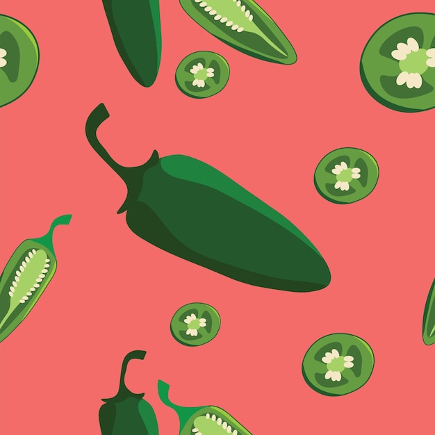 Vector seamless pattern of green jalapeno peppers on pink background