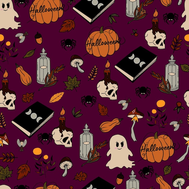 Vector seamless pattern halloween eps Doodle potion and wiccan symbols pumpkin and skull mushrooms and autumn leaves