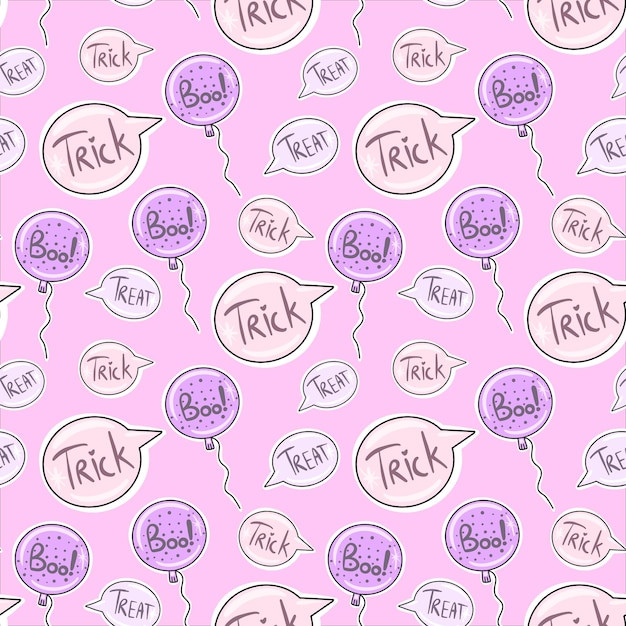 Vector Seamless pattern for Halloween on Pink background with Treats or Trick in balloons