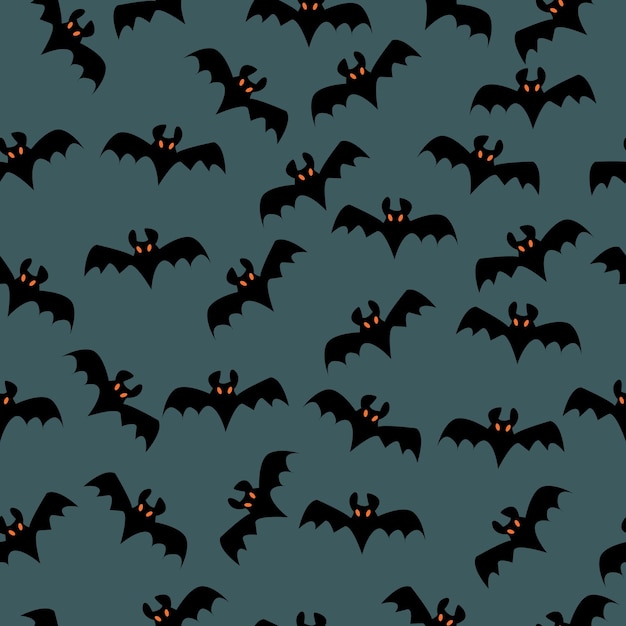 Vector seamless pattern for Halloween with bats on dark background.