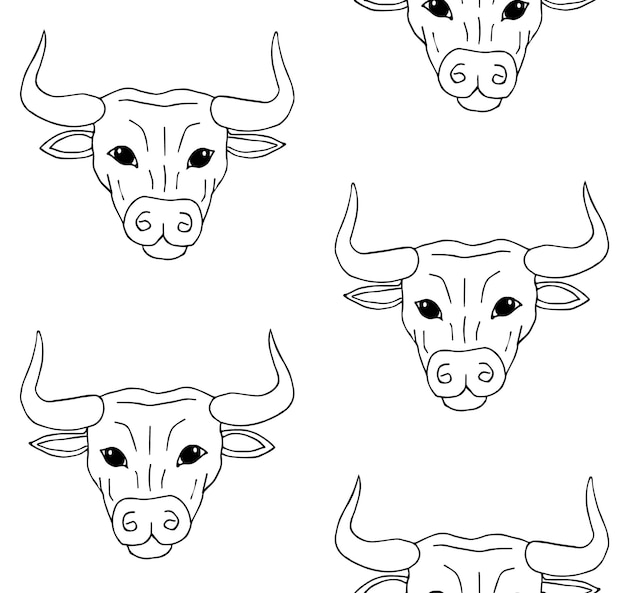 Vector seamless pattern of hand drawn bull face