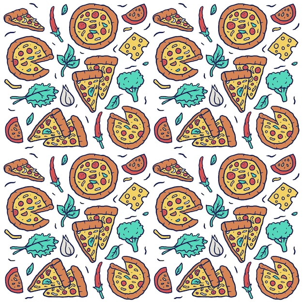 Vector seamless pattern of hand drawn colorful pizza