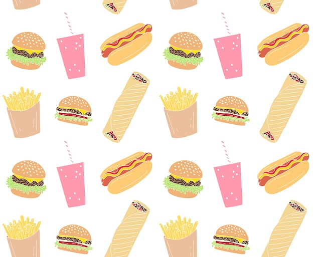 Vector seamless pattern of hand drawn fast food