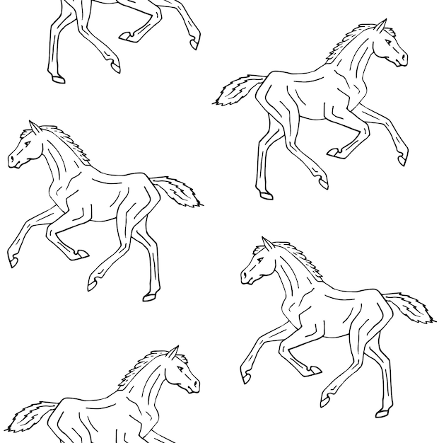 Vector seamless pattern of hand drawn horse foal