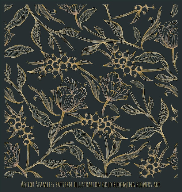 Vector Seamless pattern hand drawn illustration gold blooming flowers art