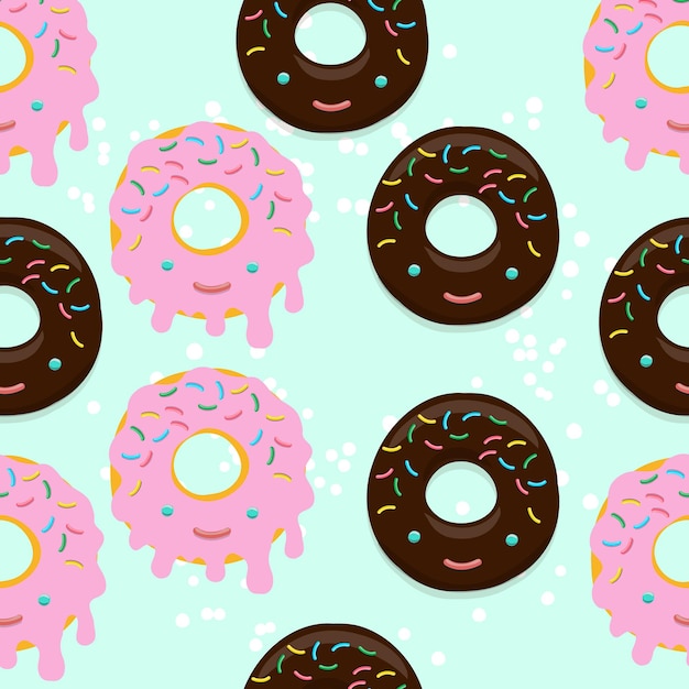 Vector seamless pattern illustration of donuts in chocolate and pink glaze in kawaii style on a light green