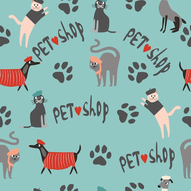 Vector seamless pattern illustration with funny cats and dogs. Vector.