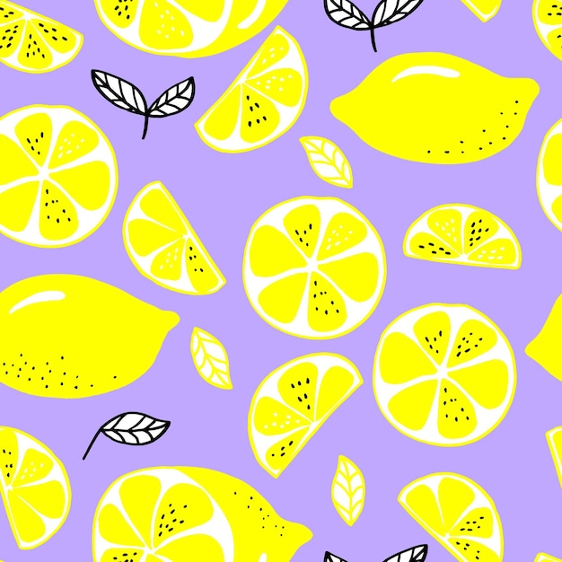 Vector seamless pattern lemons and sliced lemons on a pastel background