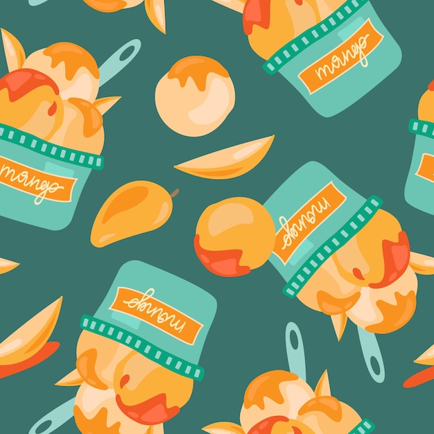 Vector seamless pattern of mango ice cream in a cup