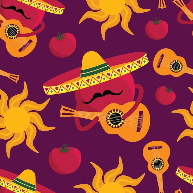 Vector seamless pattern of Mexicanthemed objects musical instruments sombrero hats vegetables