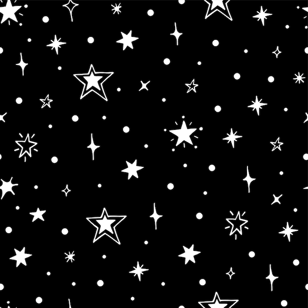 Vector seamless pattern of night starry sky. For design of surfaces, prints, wrapping paper, postcards, posters, printing. Theme space, Cosmonautics Day, astronomy, sky, stars