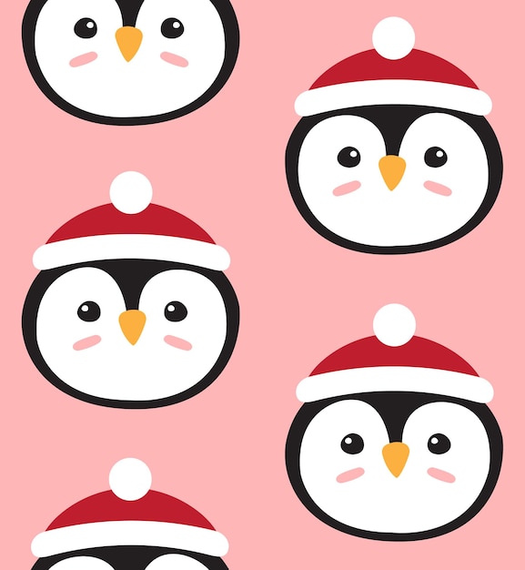 Vector seamless pattern of penguin face in hat