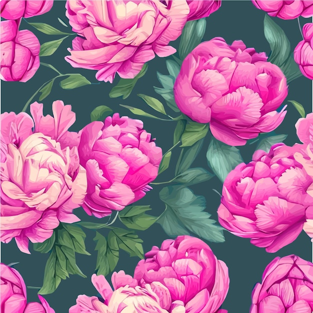 Vector seamless pattern pink peonies and leaves on green background Romantic