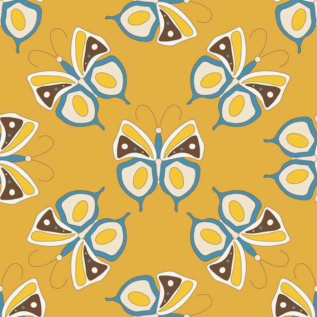 Vector seamless pattern in retro groovy style Butterflies and moths on yellow backdrop perfect for scrapbooking textile and stationery for kids and adults