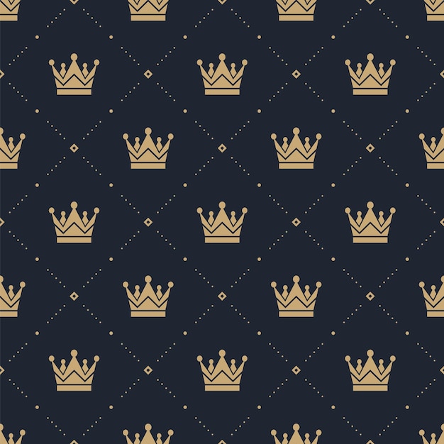 Vector seamless pattern in retro style with a gold crowns on a blue background