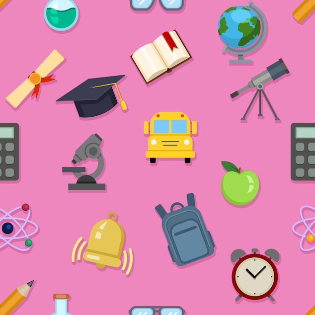 Vector Seamless Pattern of School Color Icons on Pink Background