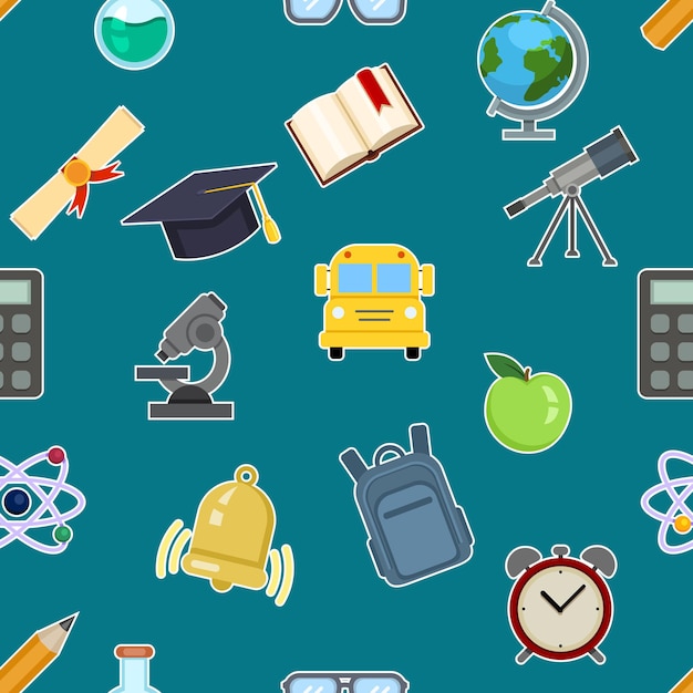 Vector Seamless Pattern of School Color Icons on Turquoise Background