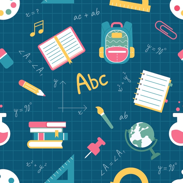 Vector seamless pattern of school supplies on the blackboard Back to school concept