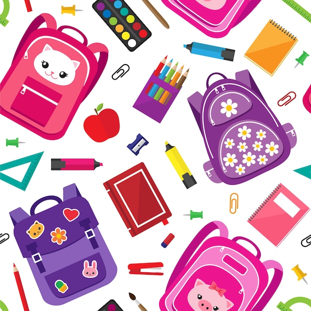 Vector seamless pattern of school supplies, schoolbags and stationery icons