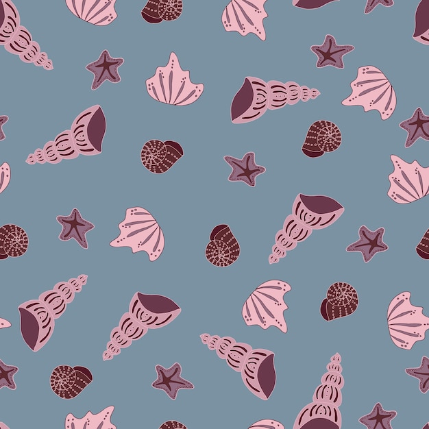 Vector seamless pattern seashells and starfish monochrome isolated inhabitants of the seas and oceans underwater world