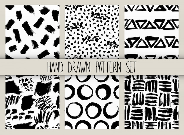 Vector seamless pattern set. Repeatable texture with black ink drawn strokes collection