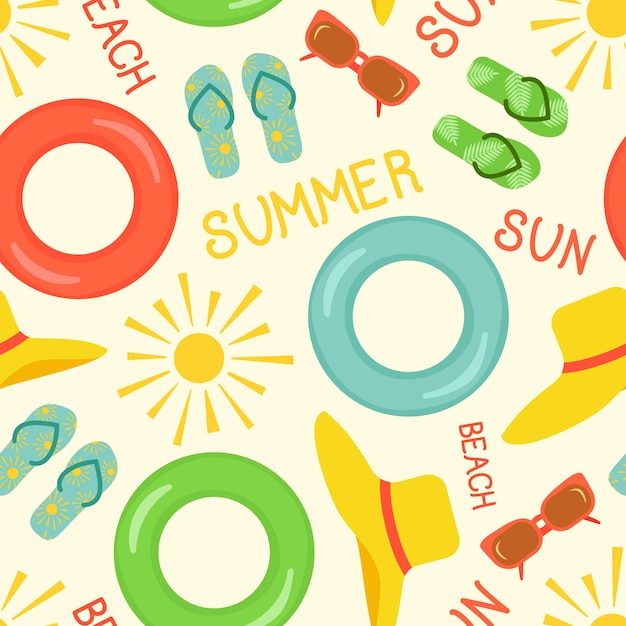 Vector seamless pattern Summer background Summer sun beach Beach accessories