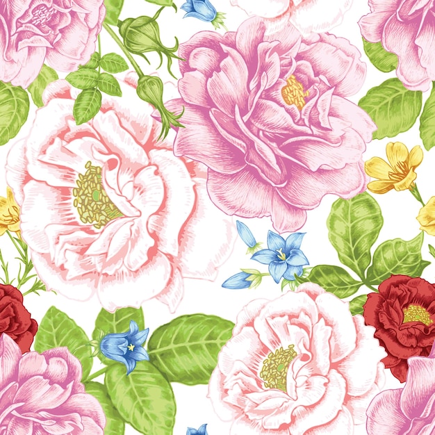 Vector Seamless Pattern for Textiles Paper Wallpaper Roses Peonies Anemones Bluebells Vintage