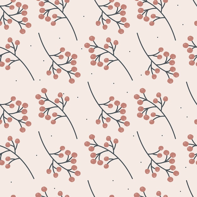 Vector seamless pattern twigs or branches with red berries Wild rowan or lingonberry icon on a branch