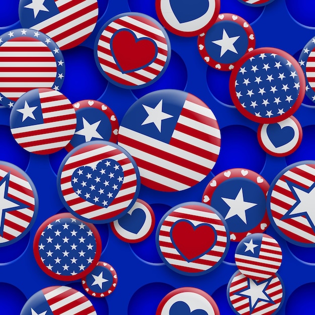 Vector seamless pattern of various USA symbols in red and blue colors on background with holes. Independence Day United States of America