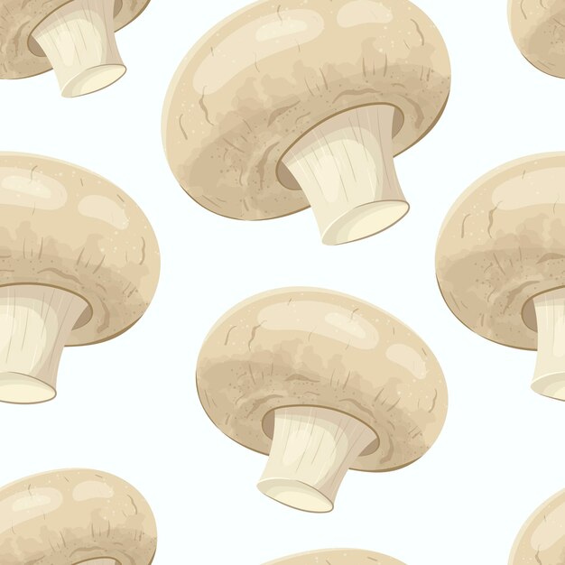 Vector seamless pattern on a white background. Fresh summer porcini mushrooms or champignons on a leg with lush caps. A realistic picture of healthy forest food. Delicious ackground decoration.