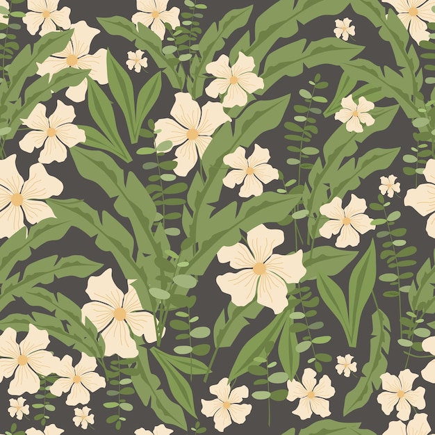 Vector seamless pattern white flowers and greenery on a gray background Fashion illustration in trend