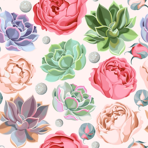 Vector seamless pattern wit flowers and succulents