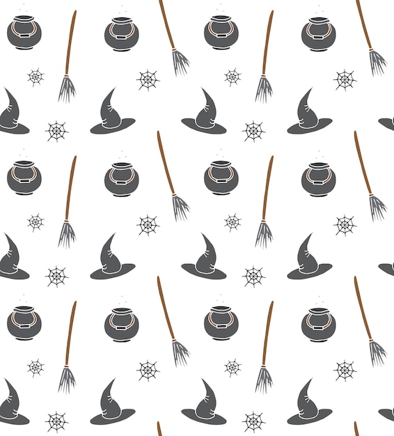 Vector seamless pattern of witch hat bowl broom