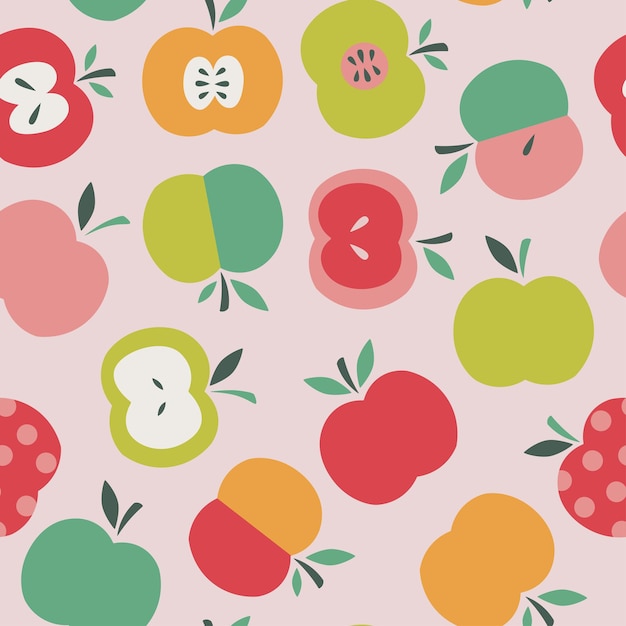 Vector seamless pattern with abstract apples on pink background. Flat style fruit. Hand drawn vector