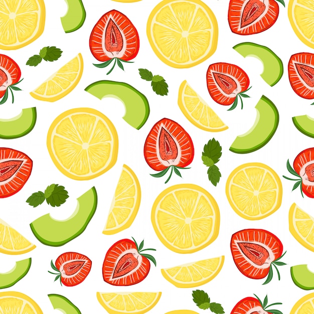 Vector seamless pattern with avocado, lemon, strawberry 