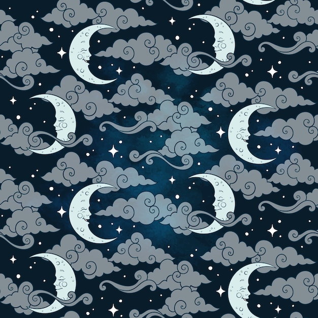 Vector seamless pattern with baby celestial bodies moon stars and clouds Pastel hand drawn textile or wrapping design for kids