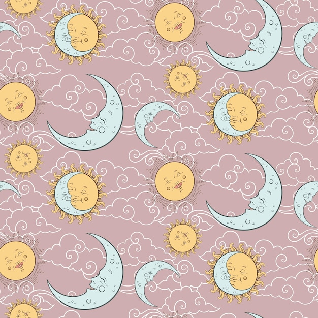 Vector seamless pattern with baby celestial bodies moon sun stars and clouds Pastel hand drawn textile or wrapping design for kids