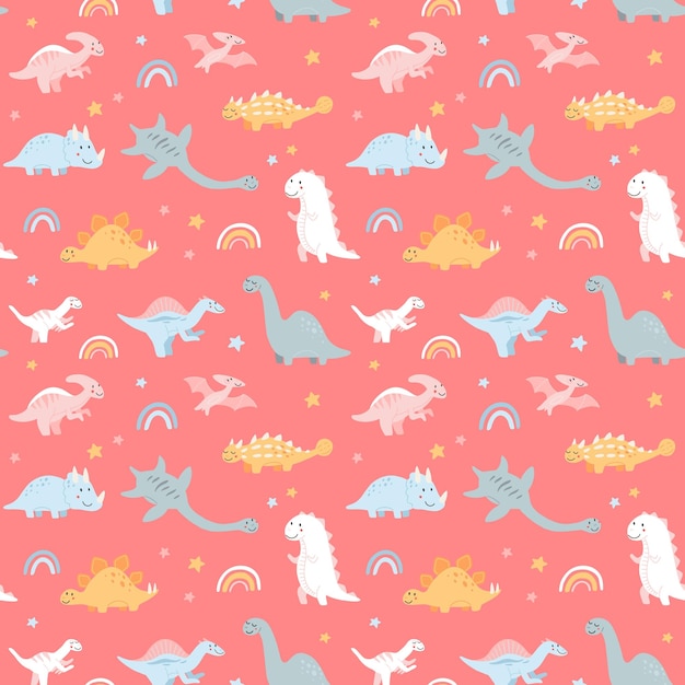 Vector seamless pattern with baby dinosaurs brontosaurus tyrannosaurus pterodactyl triceratops stegosaurus spinosaurus plesiosaurus ankylosaurus velociraptor parasaurolophus pastel colorss