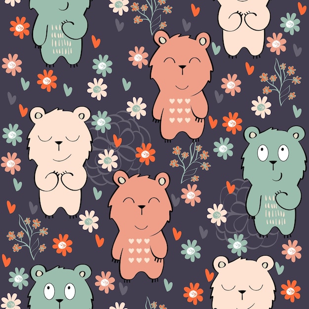 Vector seamless pattern with bear and flowers