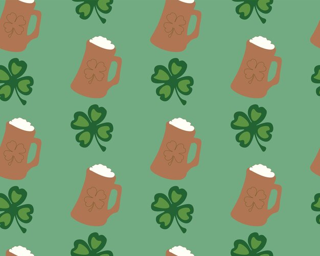 Vector seamless pattern with beer mugs and shamrocks. St. Patrick's Day design.