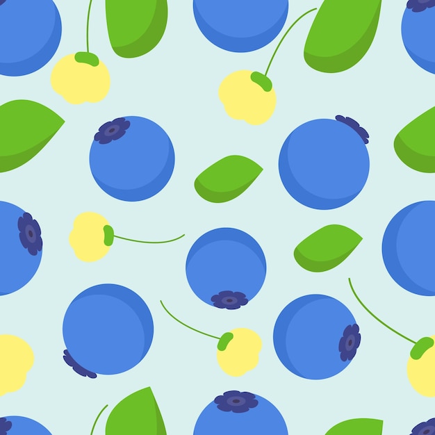 Vector seamless pattern with bilberries and flowers in flat style