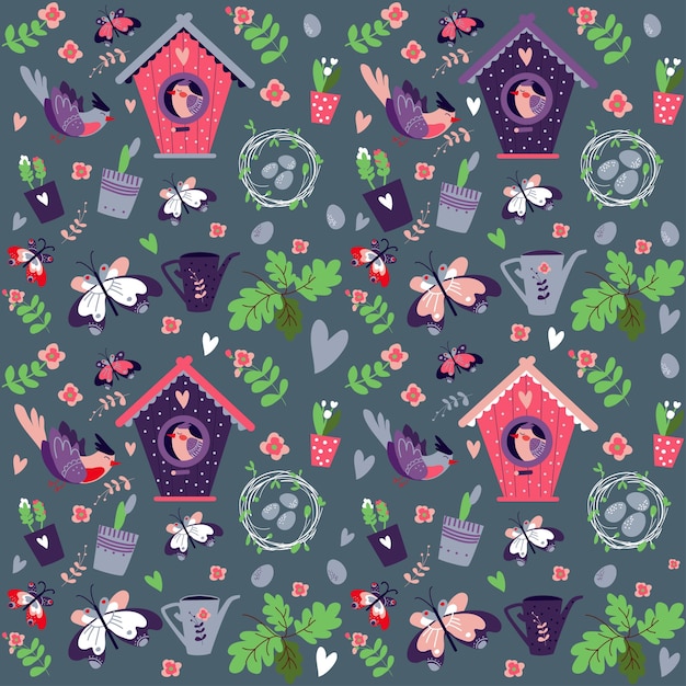 vector seamless pattern with birds birdhouses nests flowers