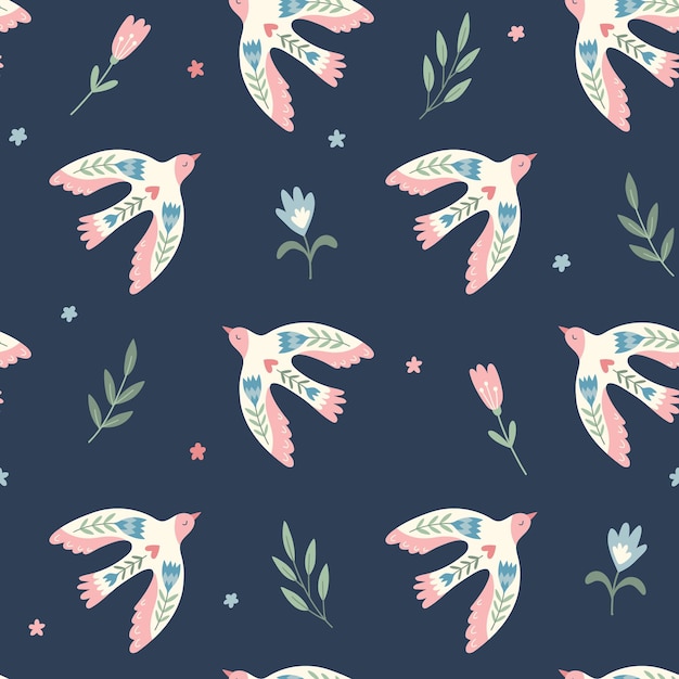 Vector seamless pattern with birds flowers leaves in folklore style Doves of peace