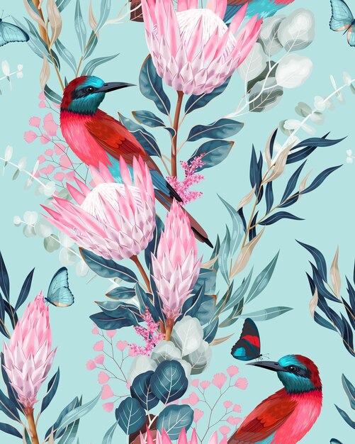 Vector vector seamless pattern with birds and protea