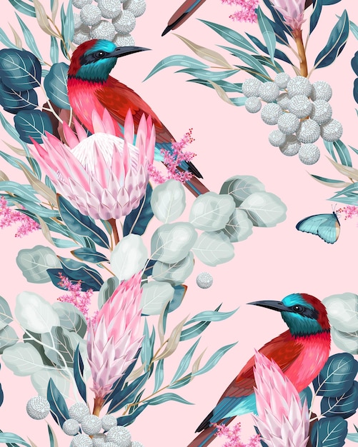 Vector seamless pattern with birds and protea