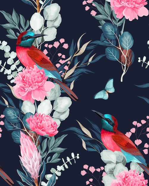 Vector seamless pattern with birds and protea