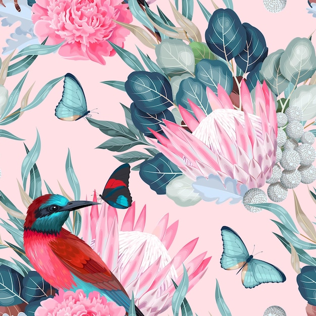 Vector seamless pattern with birds and protea