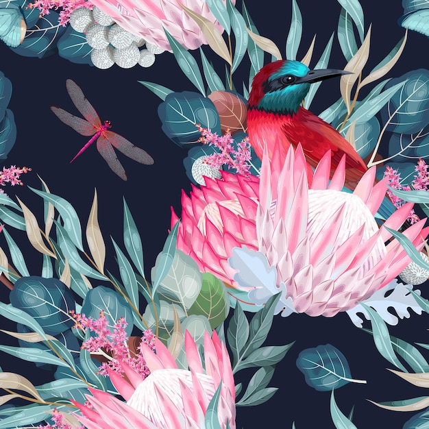 Vector seamless pattern with birds and protea