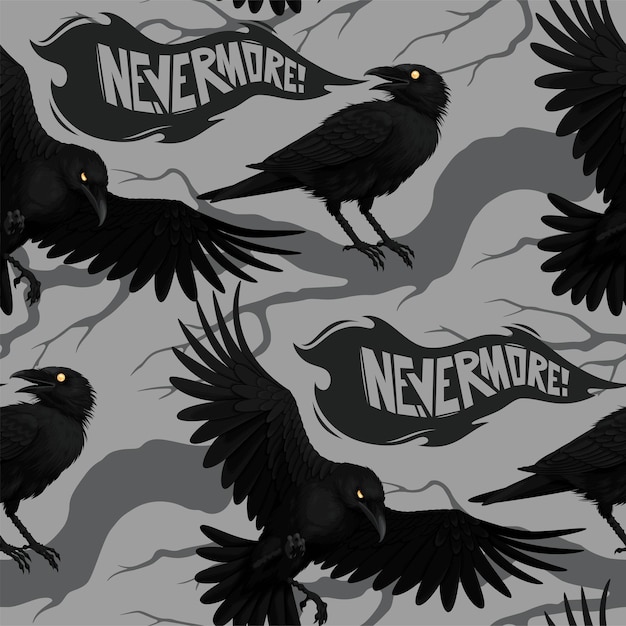 Vector vector seamless pattern with black raven on a branch